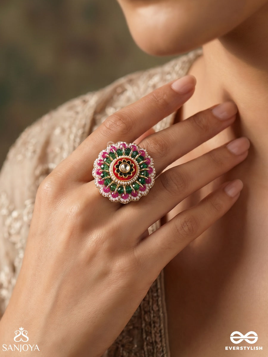 Taarkamal – Celestial Lotus – Floral Statement Ring With Pearl Borders, Multi-Colour Beadwork And Kundan Centre