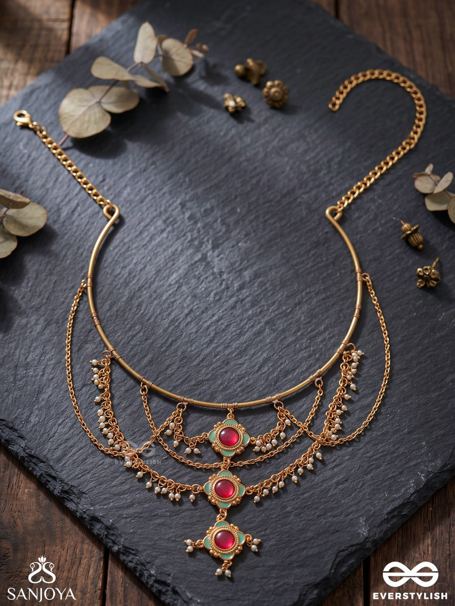 Rajeshwari – Royal Goddess – Heritage Hasli Necklace With Layered Chain Drapes, Ruby Floral Motifs And Pearl Accents