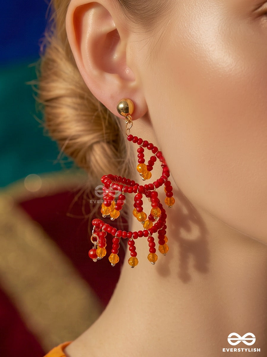 Fire Twist – Red Crystal Spiral Earring With Amber Drops