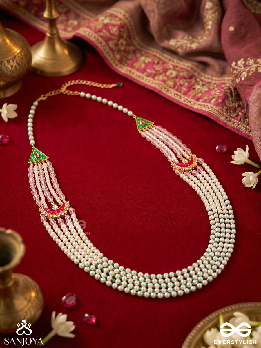 Falakshree – Heavenly Splendour – Multi-Layer Pearl Rani Haar With Enamel Crescent Motifs, Green Bead Accents And Regal Detailing