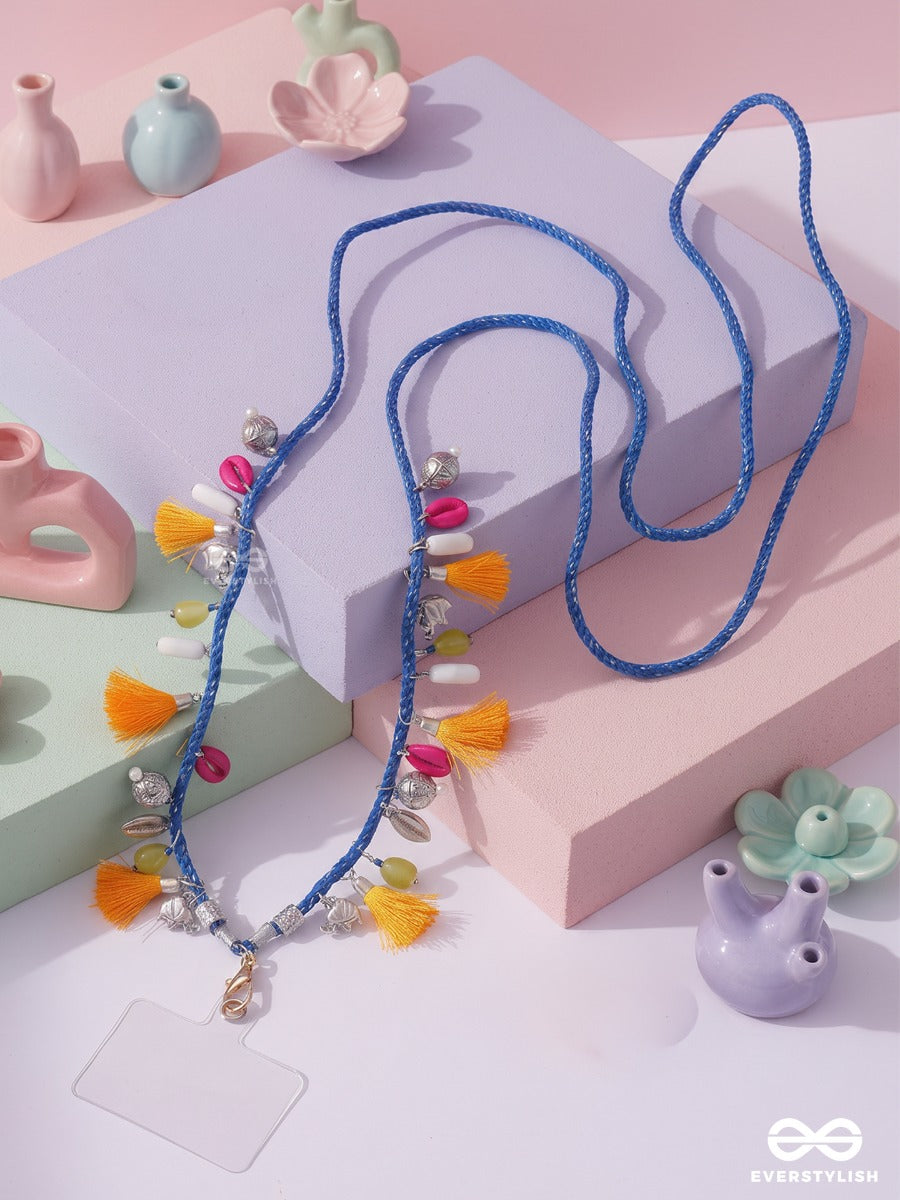 Banjara – Braided Blue Phone Sling With Tassels, Shell Charms And Multicolour Beads