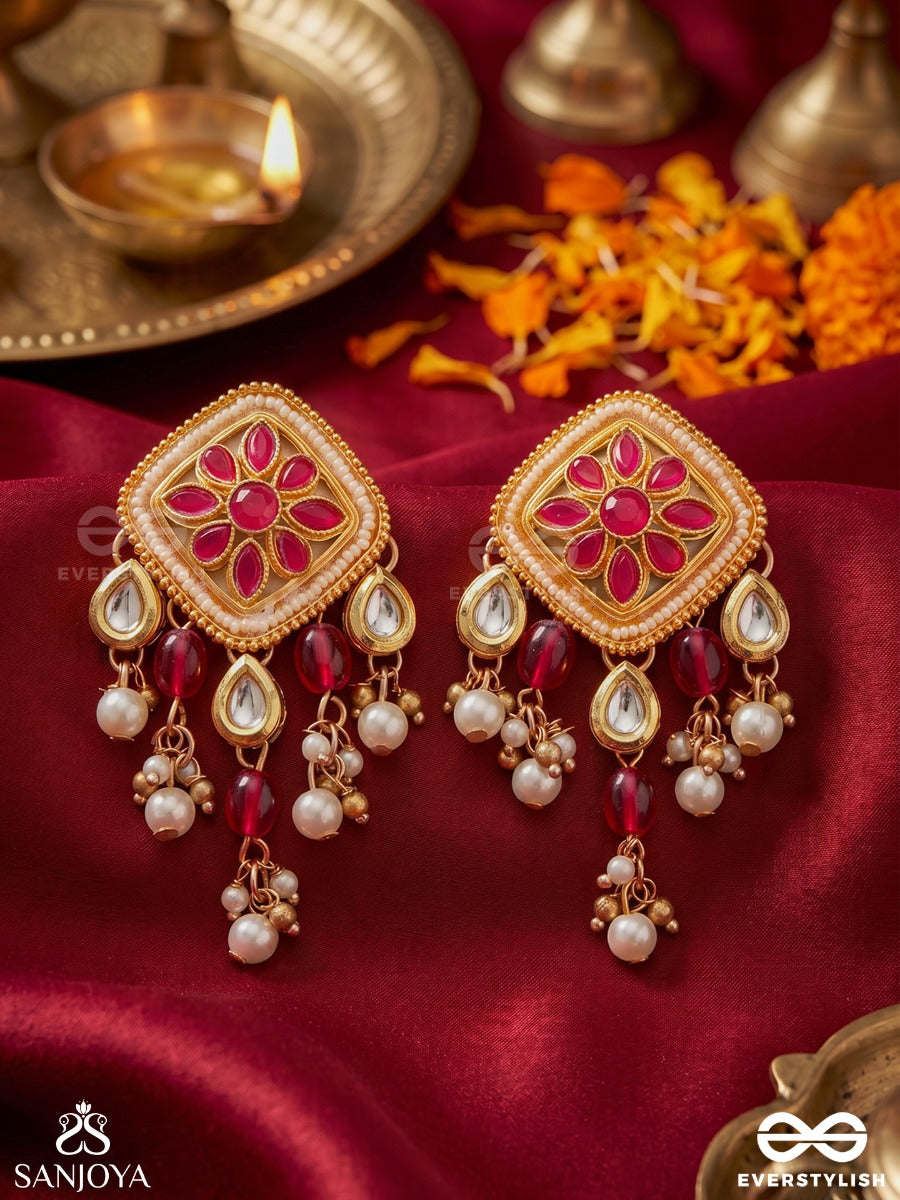 Kaushiki – Goddess Durga – Ornate Earrings With Pink Floral Kundan Motifs, Pearl Clusters And Ruby-Toned Drops