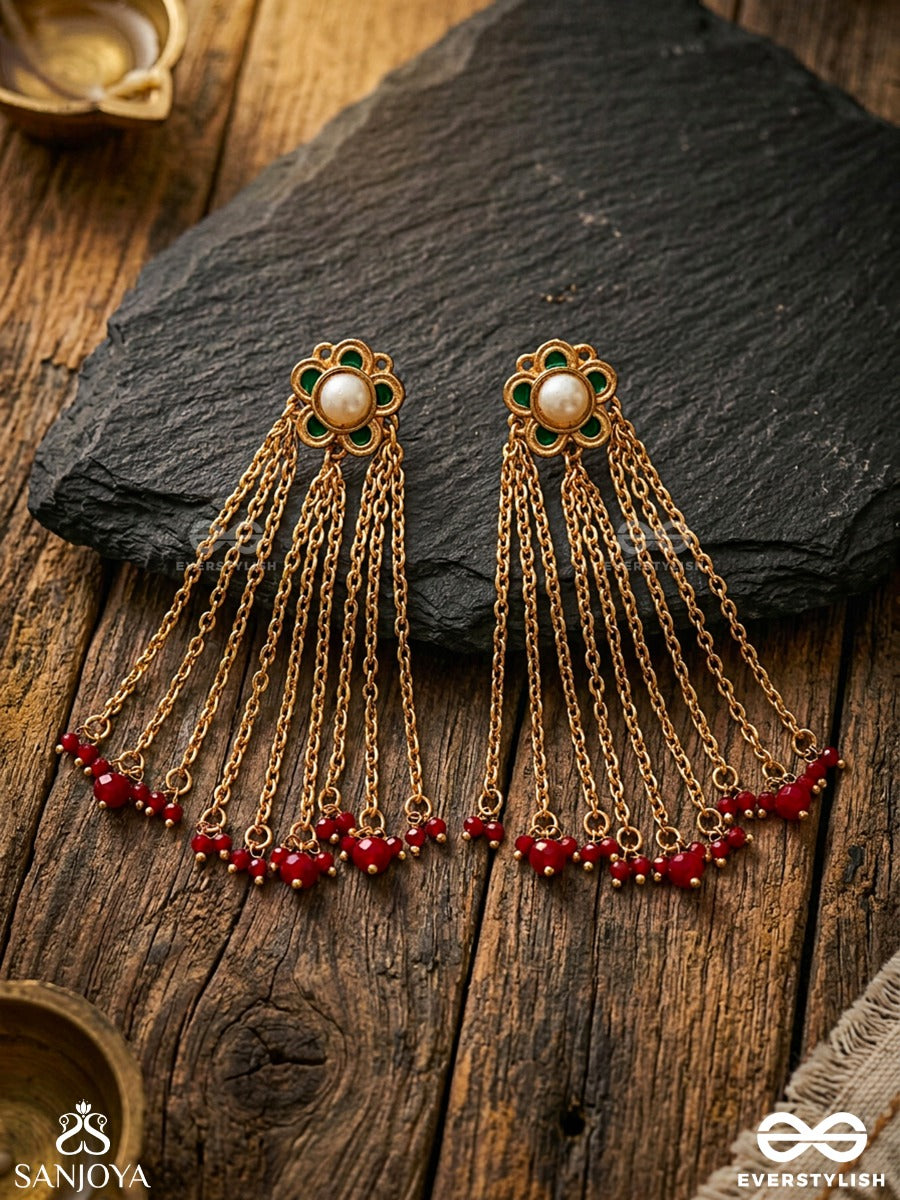Kinjalka – Flower Filament – Heritage Earrings With Floral Mirror Tops, Cascading Golden Chains And Ruby-Red Bead Clusters
