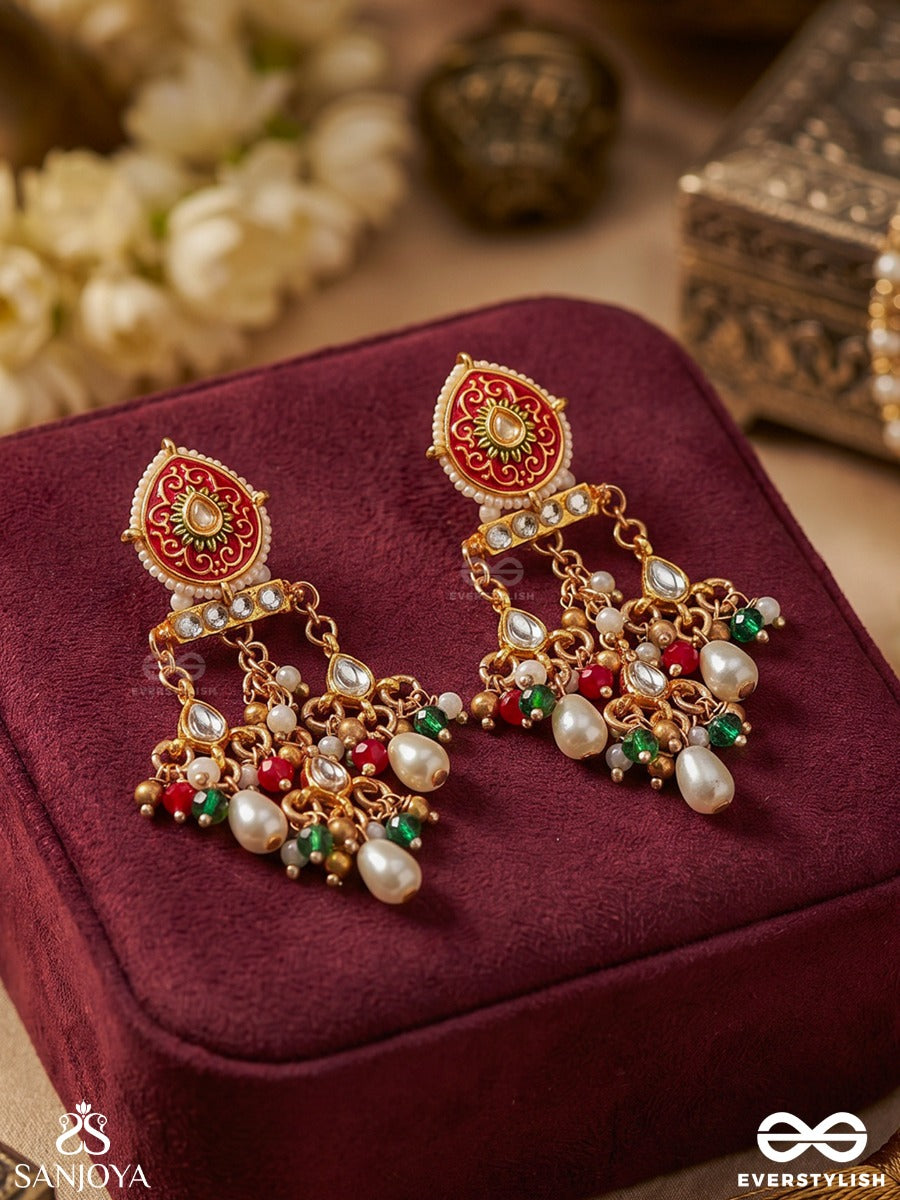Zarmeena – Golden Bloom – Ornate Earrings With Enamelled Floral Tops, Multi-Colour Gem Clusters, Pearl Drops And Dangling Accents