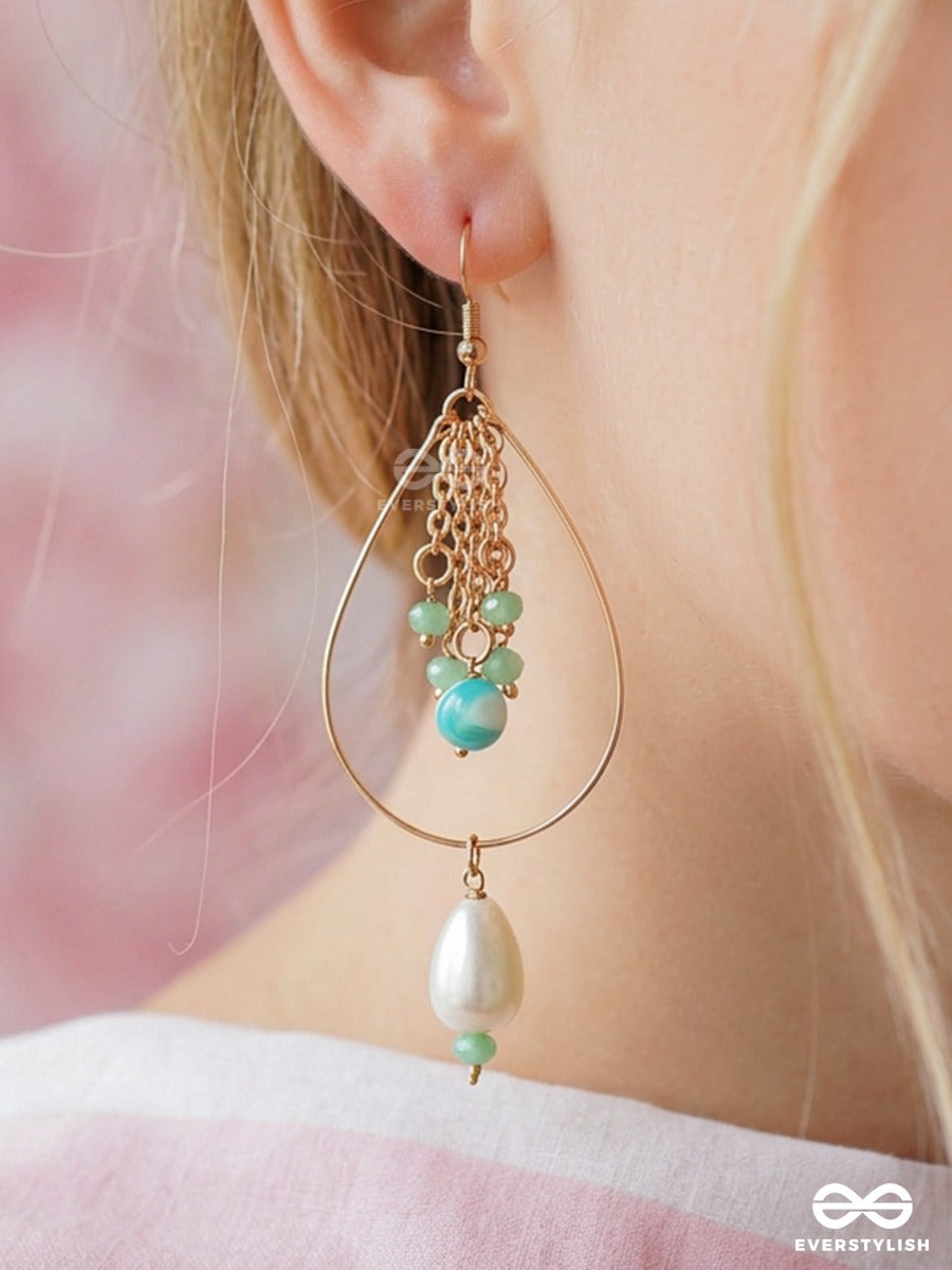 Mint Droplet – Gold Teardrop Earrings With Baroque Pearl, Chain Tassels And Turquoise Beads