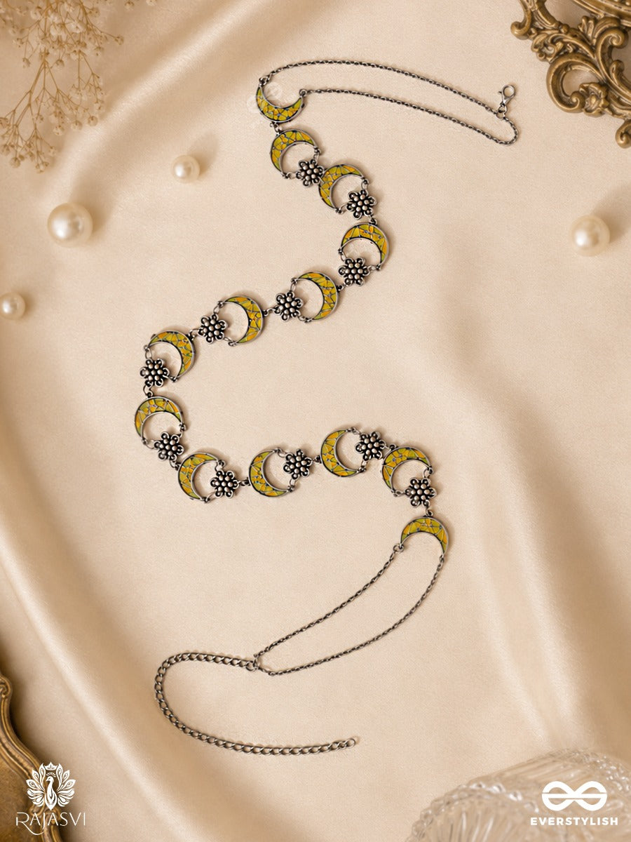 Chandrima – Oxidised Waist Chain With Crescent Motifs And Yellow Accents