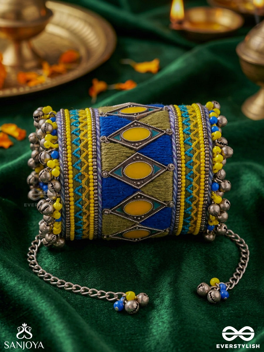 Jhanaki – Musical Chime – Handcrafted Bangle With Blue-Yellow Thread Embroidery, Mirror Work And Oxidised Ghungroo Accents