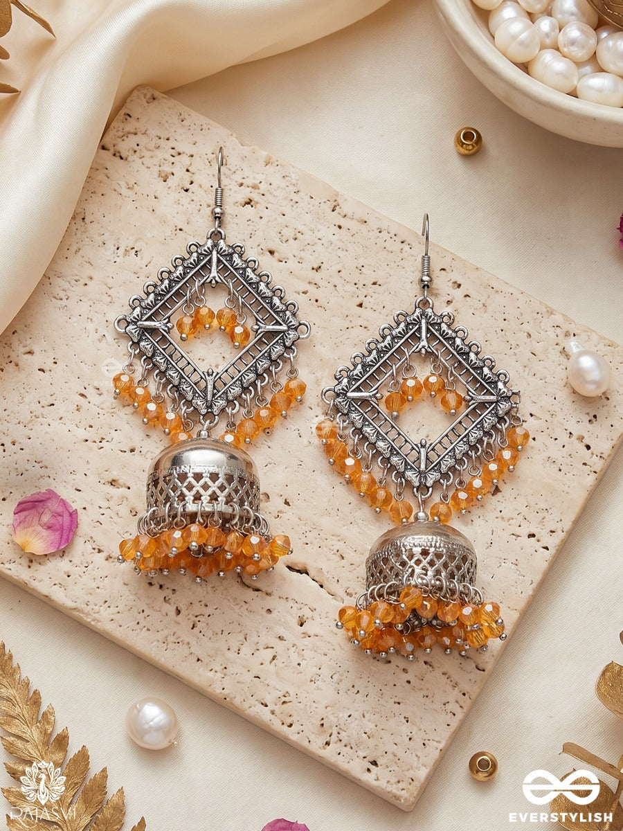 Ambarlekha – Oxidised Diamond Jhumka Earrings With Amber Bead Clusters And Filigree Details