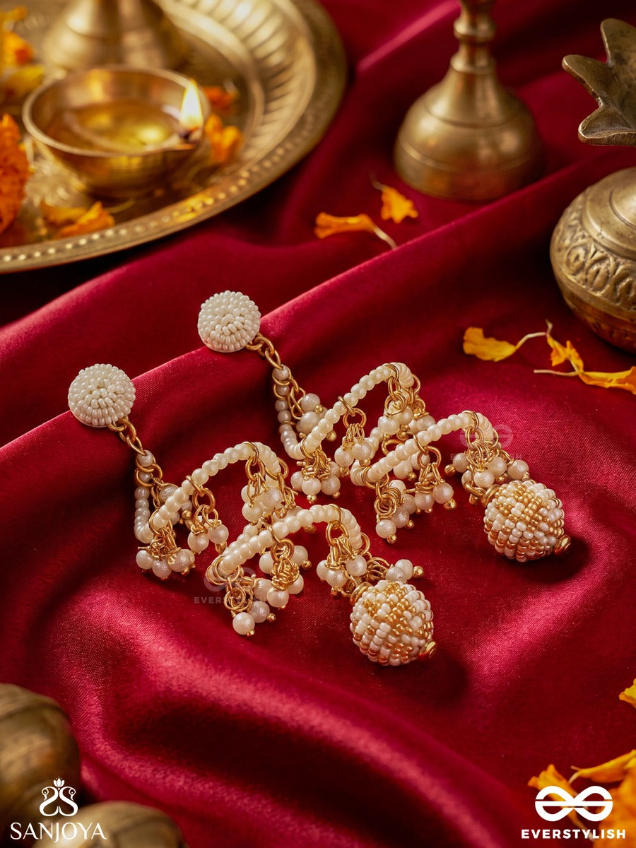 Ilampari – Young Crescent Moon – Sculptural Earrings With Cascading Pearl Clusters, Lustrous Pearl Chains And Ornamental Drop