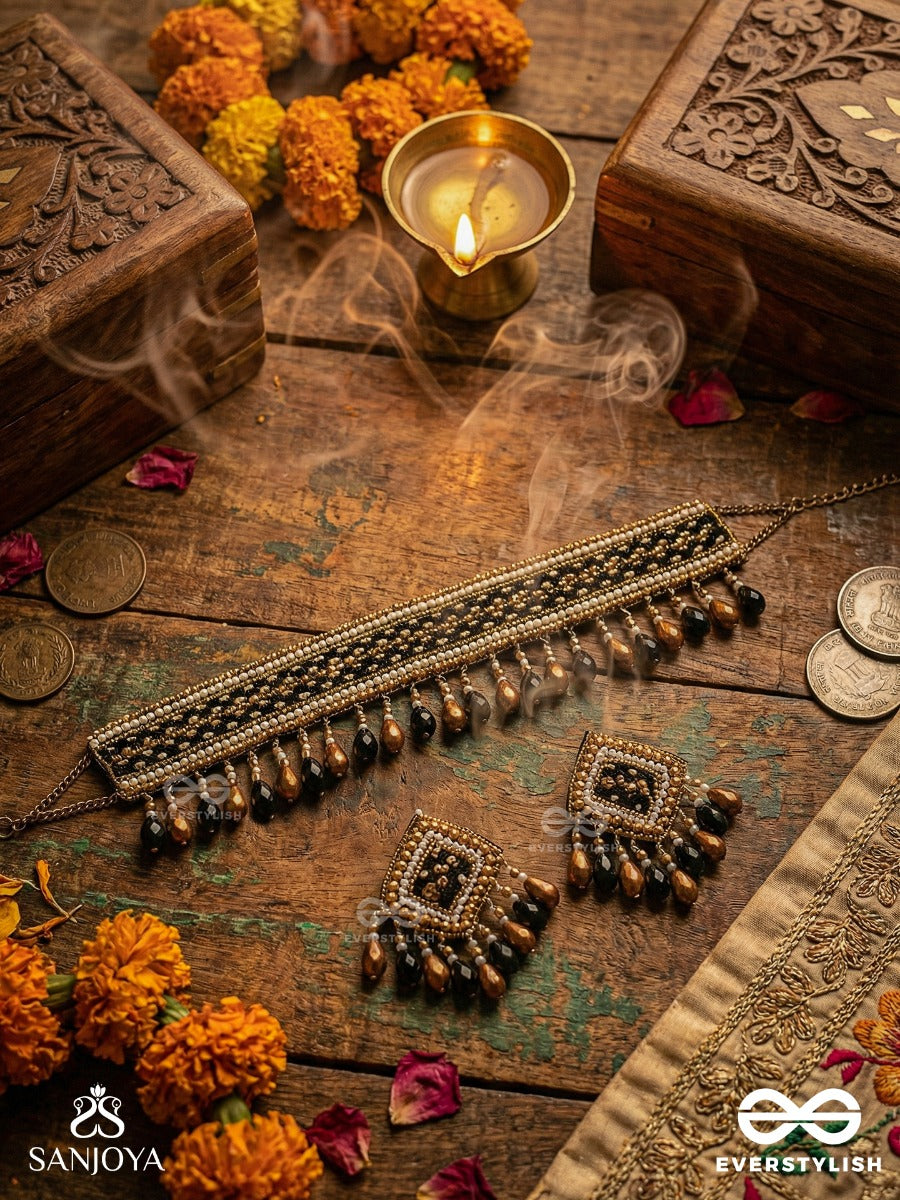 Nishakanta - The Beloved Of Night - Beads And Glass Drops Hand Embroidered Set With Choker Neckpiece & Earrings
