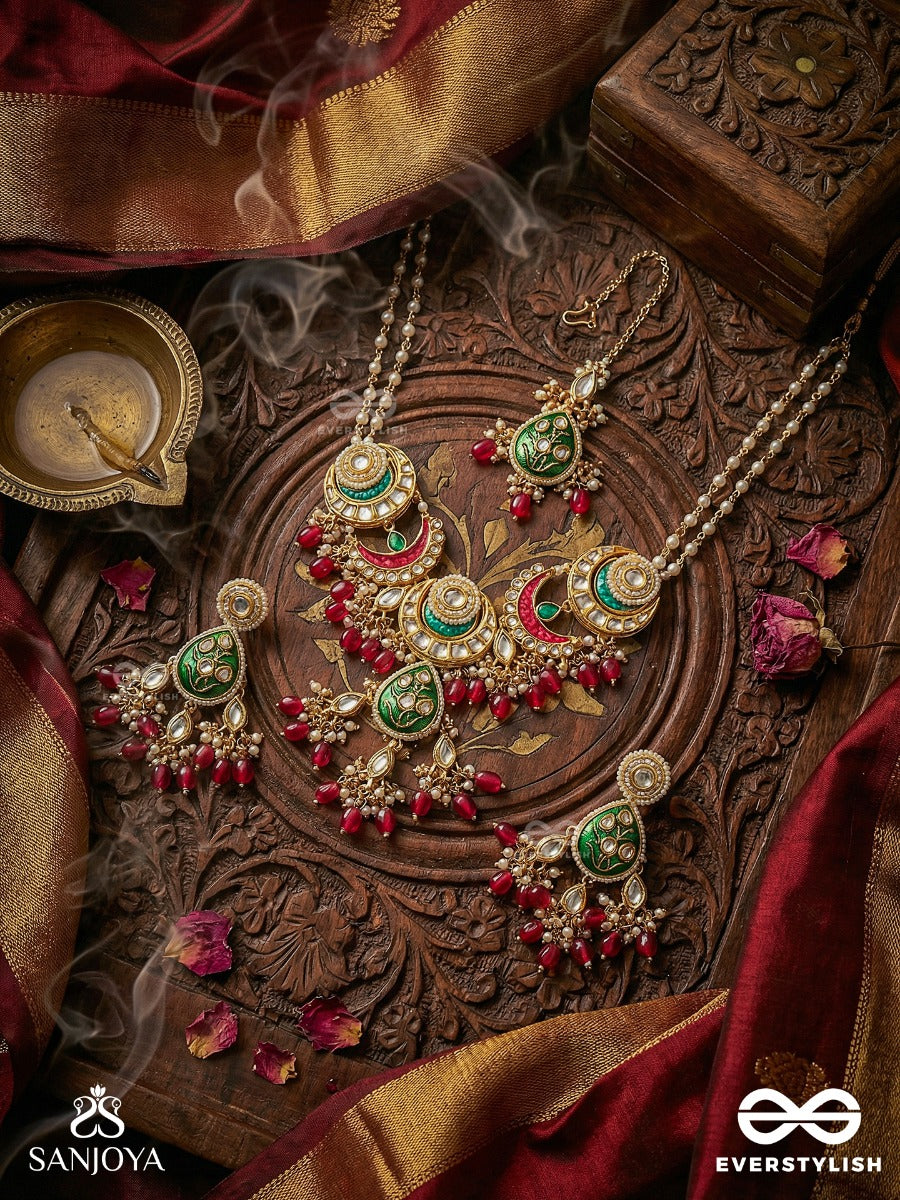 Sindurya - Scarlet Rays - Grand Crescent Kundan Set With Neckpiece, Earrings And Maangtika