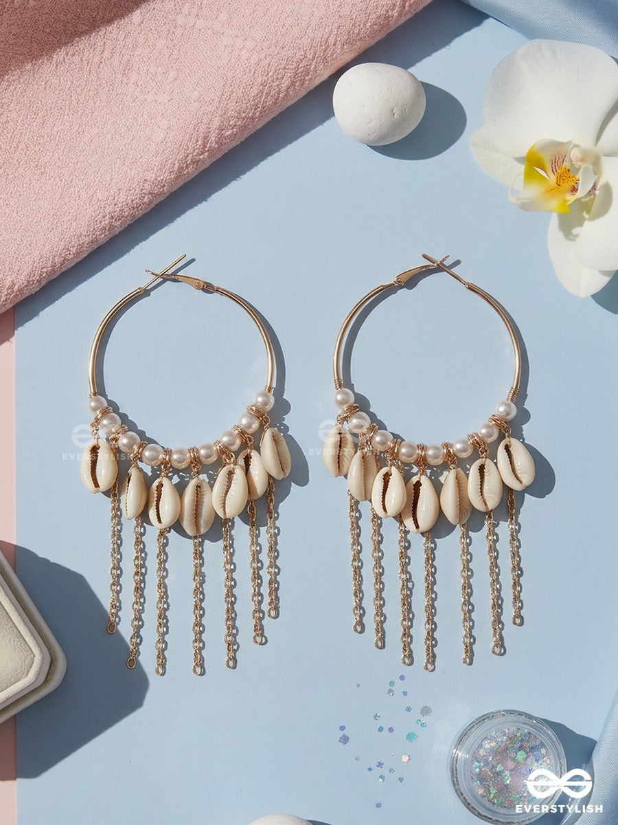 Seaside Charm – Gold Hoop Earrings With Cowrie Shells, Pearls And Cascading Chain Tassels
