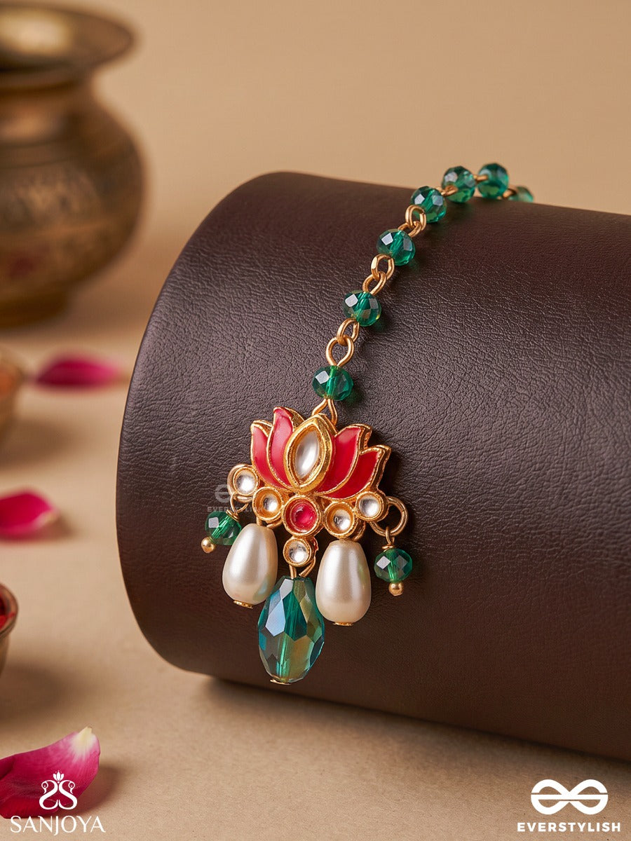Karnika – Lotus Heart – Heritage Maangtika With Lotus Motif, Turquoise Bead Chain, Emerald Drops And Pearl Accents