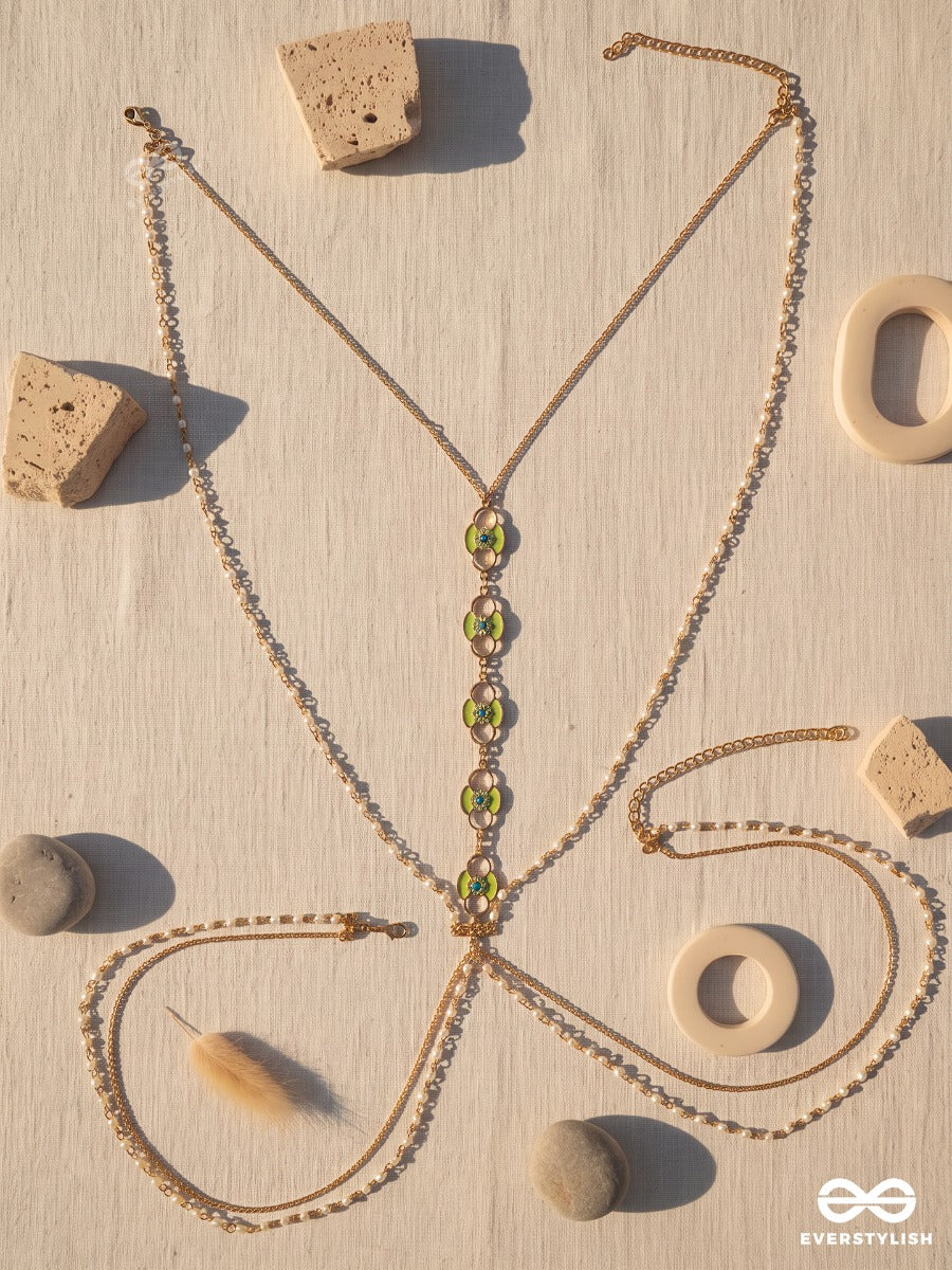 Celadon – Delicate Gold-Tone Body Chain With Crystal And Green Accents