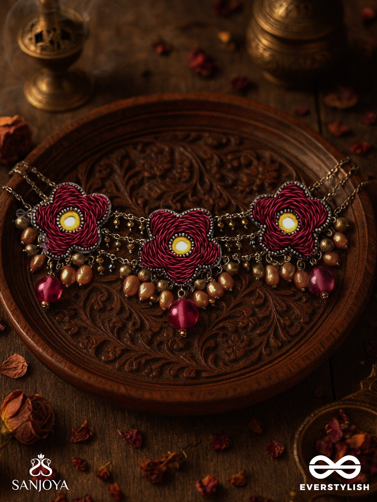 Sumanas - The Burgundy Flowers - Mirror, Resham, Dabka And Glass Drops Hand Embroidered Set With Oxidised Choker Neckpiece & Earrings