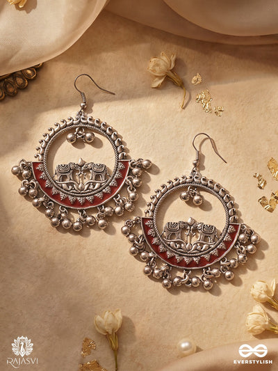 Gajmohini – Oxidised Hoop Earrings With Red Enamel, Lotus Motifs And Silver-Tone Drops