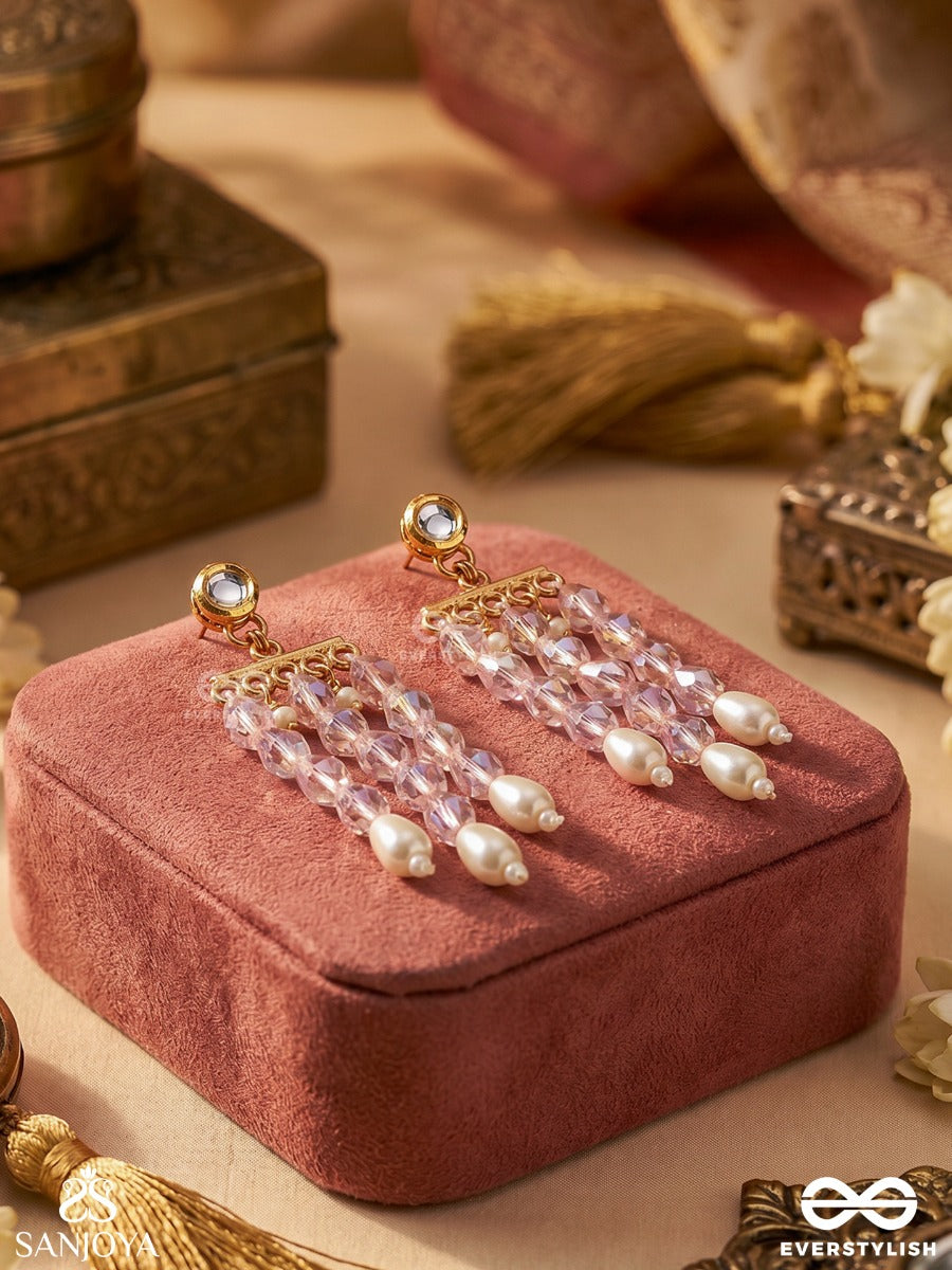 Pushkari – Sacred Lotus – Elegant Dangler Earrings With Three Cascading Pearl Strands, Faceted Crystal Beads And Golden Accents