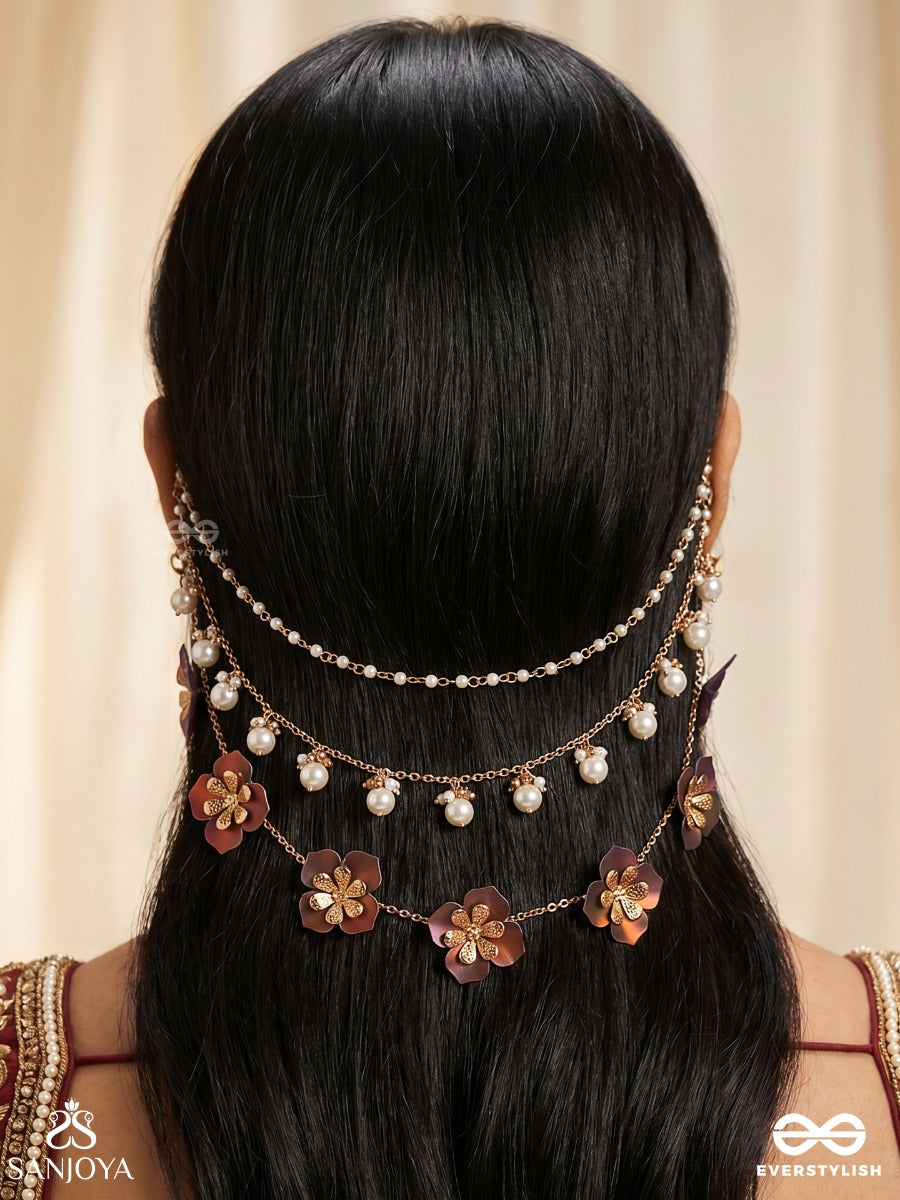 Kusumlehri – Wave Of Blooms – Ornate Chain Earcuff With Violet And Pink Floral Motifs, Double Chain Drapes And Delicate Gold-Tone Detailing