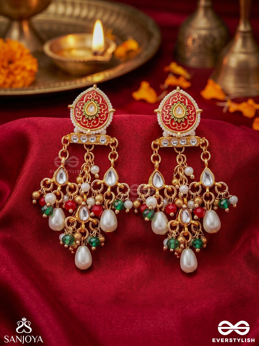 Zarmeena – Golden Bloom – Ornate Earrings With Enamelled Floral Tops, Multi-Colour Gem Clusters, Pearl Drops And Dangling Accents