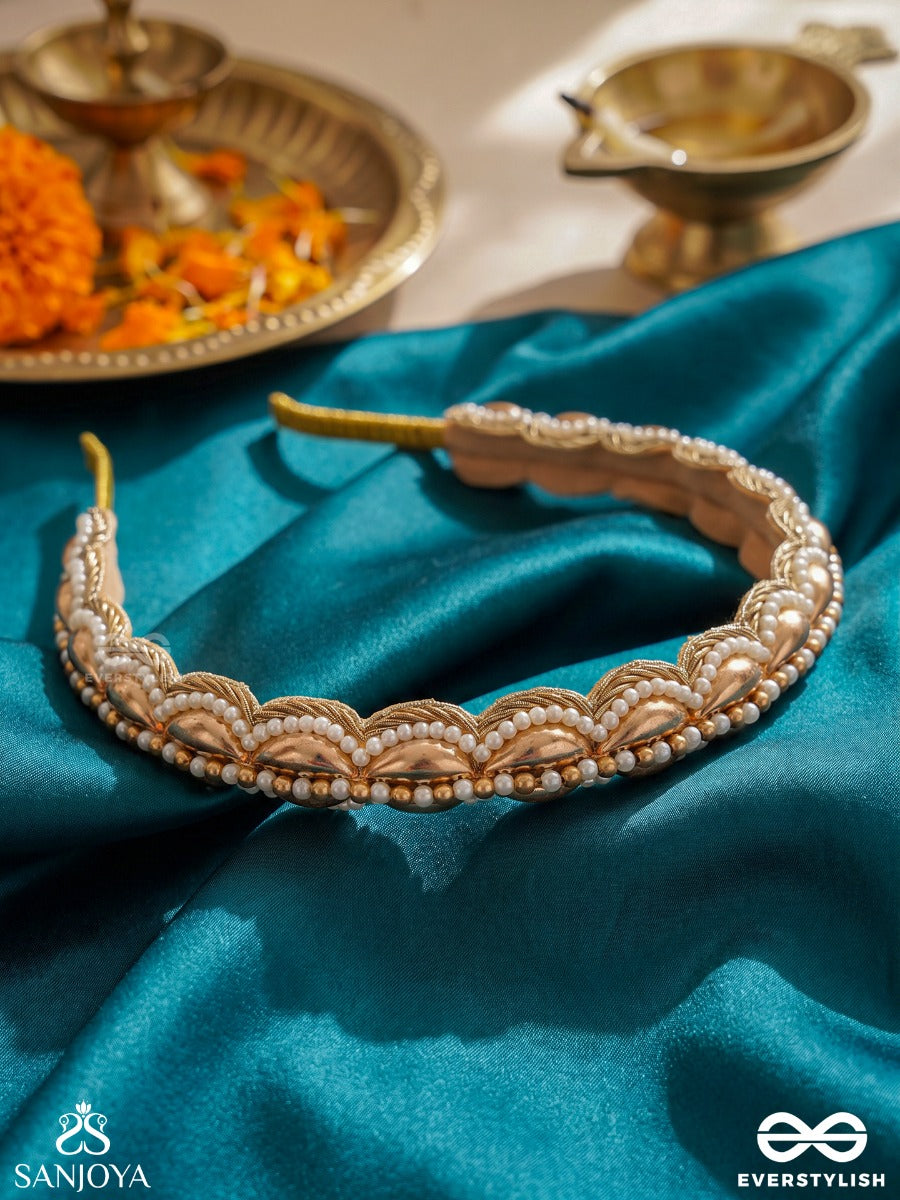 Punarnava – Ever-Renewing – Heritage Hair Band With Shell Embellishments, Pearl Rows And Ornamental Borders