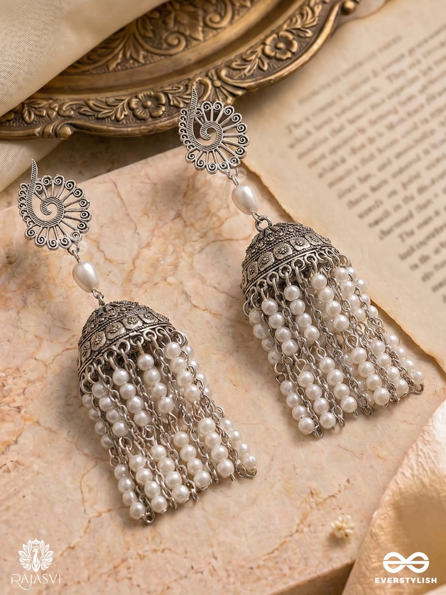 Shashilekha – Oxidised Jhumka Earrings With Pearl Tassels, Floral Studs And Engraved Dome