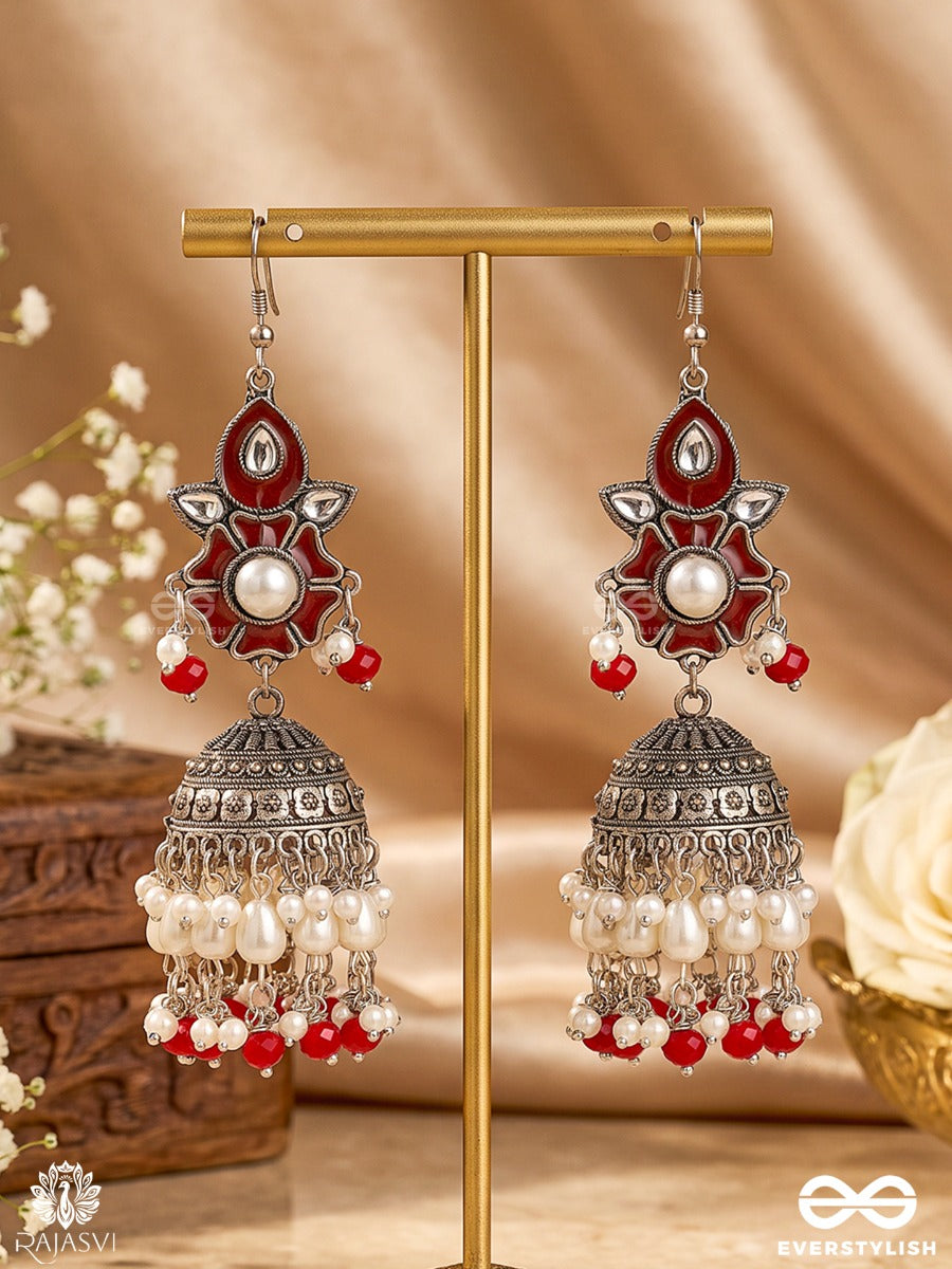 Manika – Oxidised Jhumka Earrings With Pearl Clusters And Red Bead Accents
