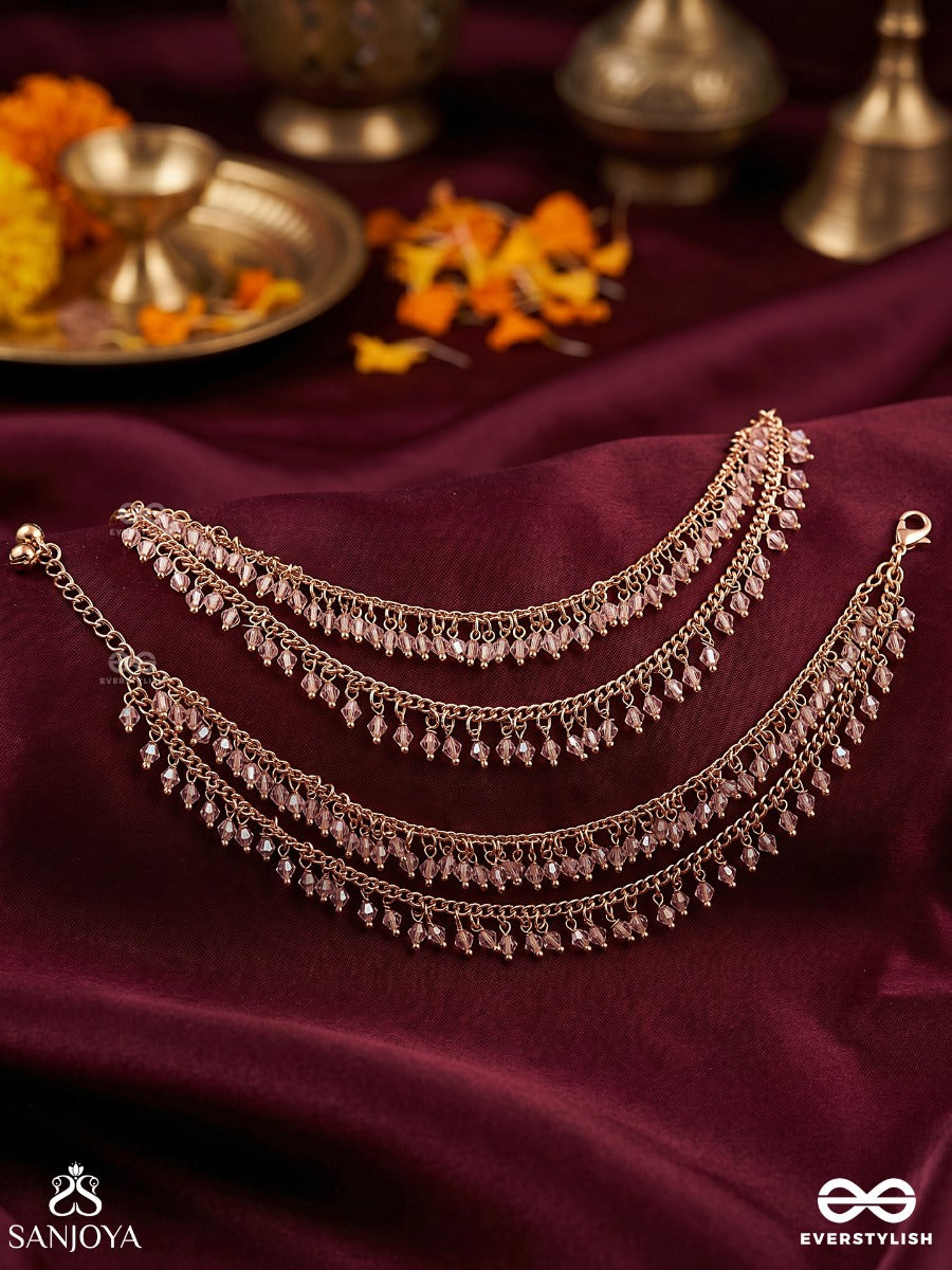 Kaumudi – Moonlight – Delicate Pajeb (Anklets) Set Of 2 With Layered Golden Chains, Shimmering Crystal Beads And Dainty Fringe Accents