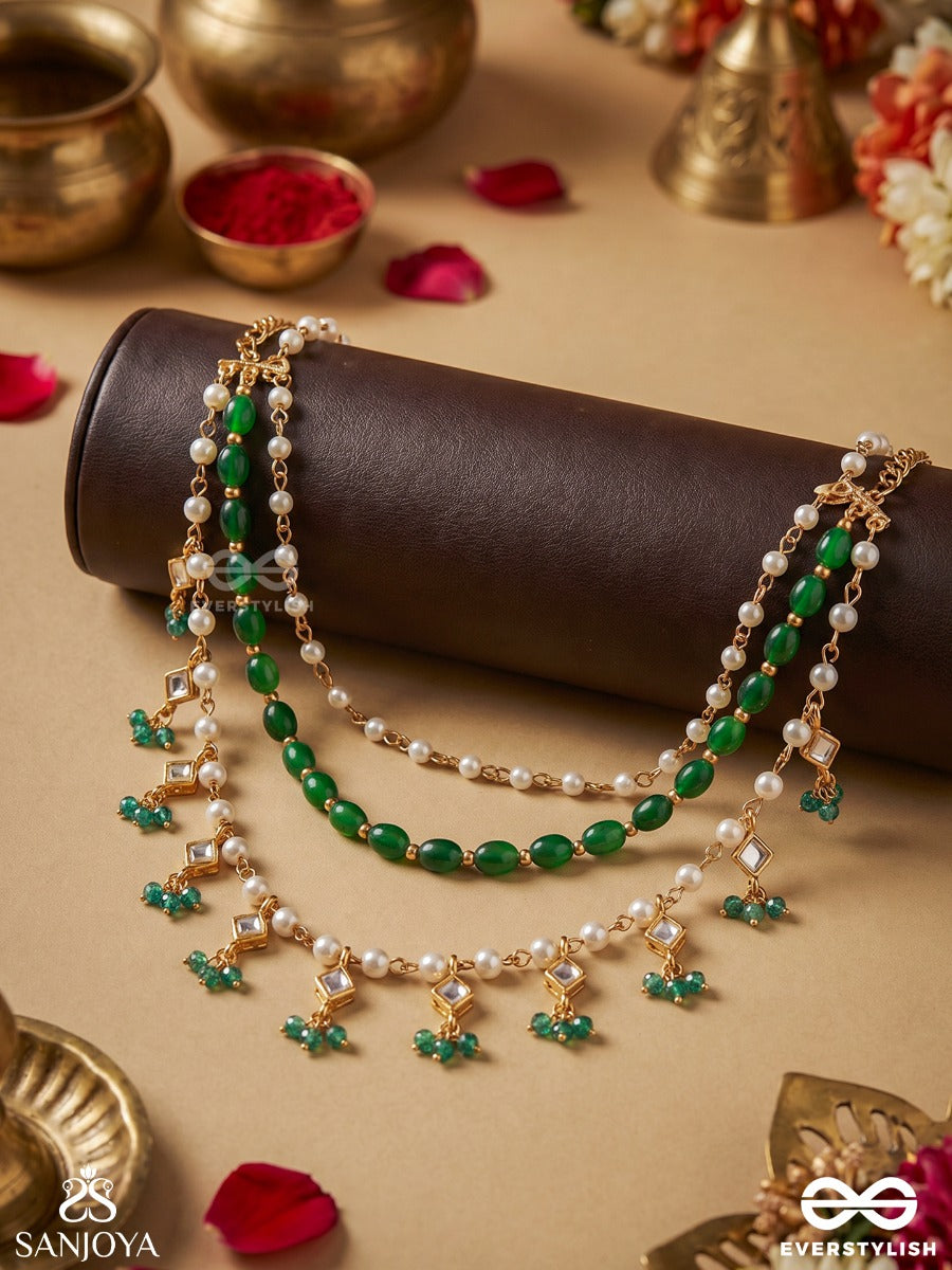Taarvalli – Celestial Vine – Convertible Body Jewellery That Styles As A Necklace Or Shoulder Chain With Emerald Bead Drapes, Pearl Drops And Floral Accents