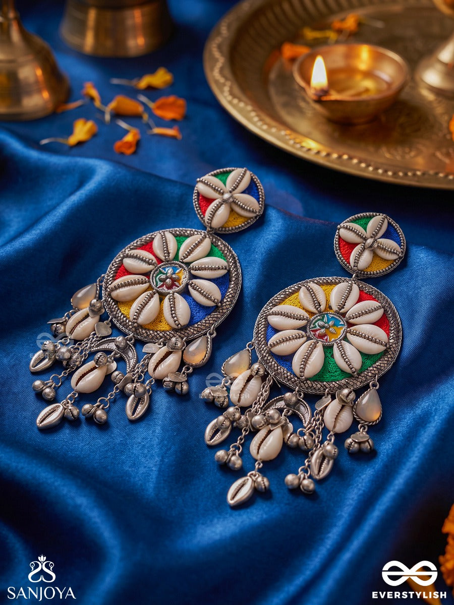 Pingakshi – Golden-Eyed – Tribal Statement Earrings With Cowrie Shell Florals, Multicolour Enamel And Oxidised Danglers