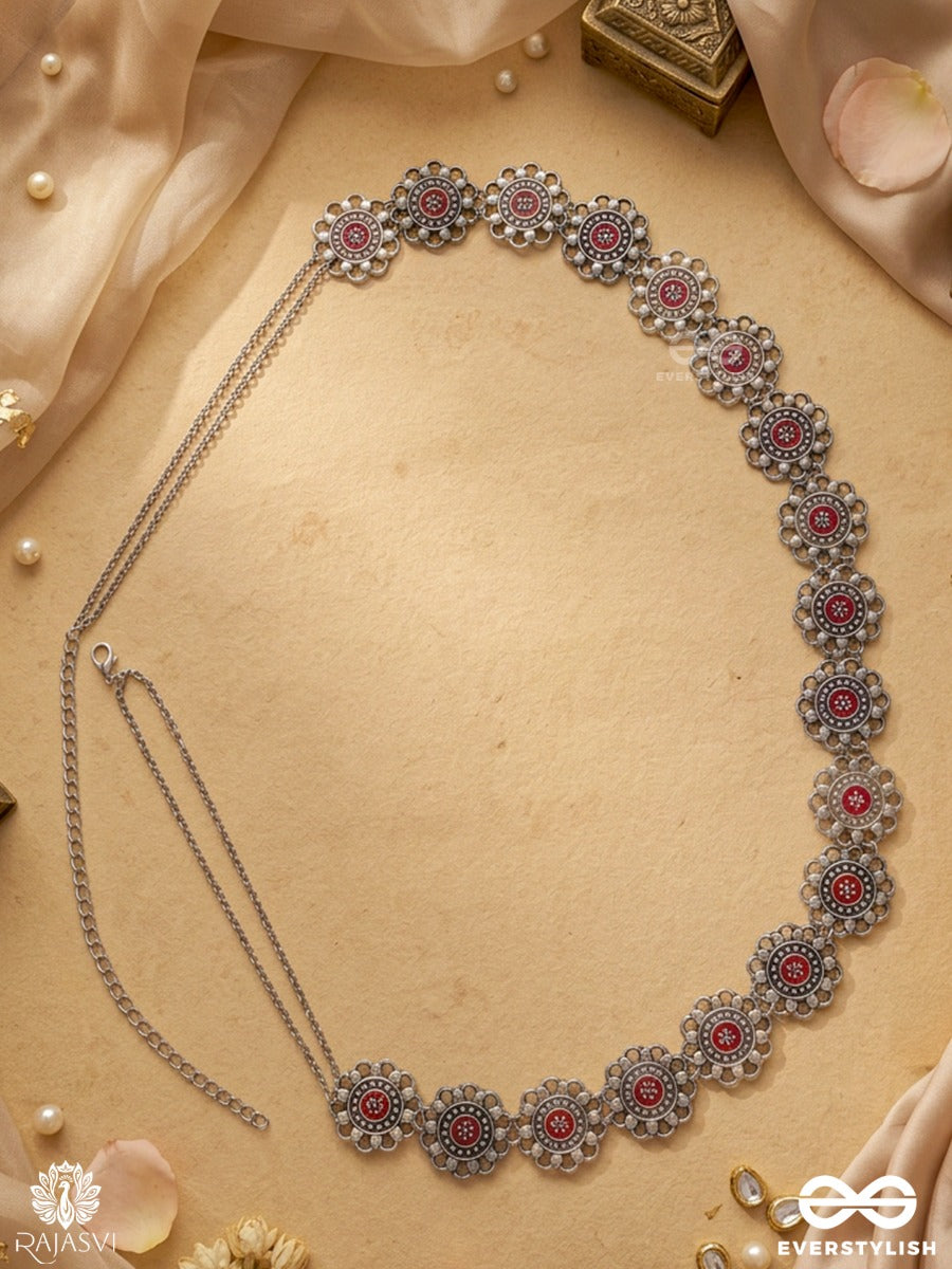 Tarangini – Oxidised Waist Chain With Red Stone Accents And Ornate Floral Motifs