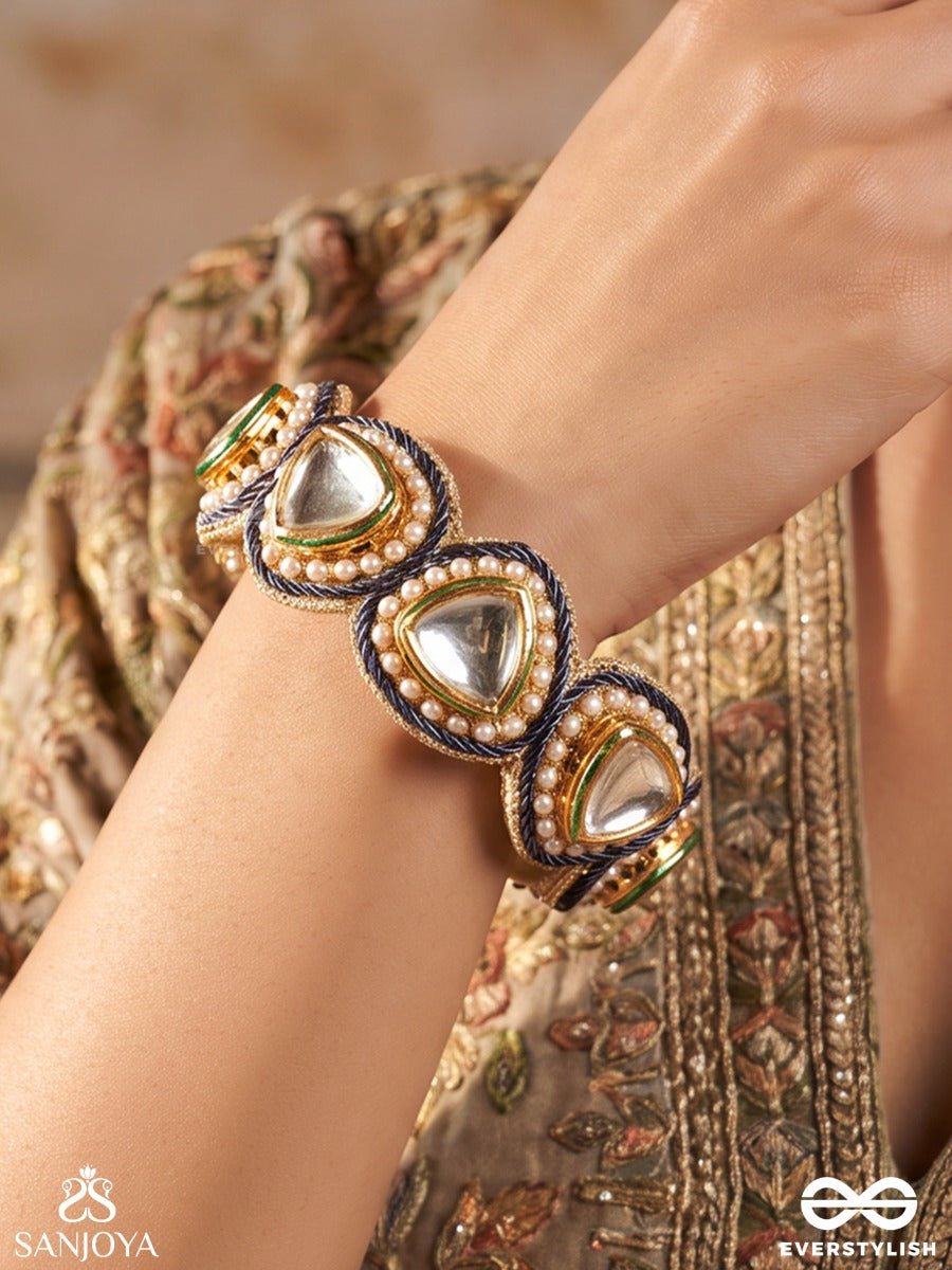 Mayoori – Peahen Grace – Heritage Bangle (Single) With Navy Threadwork, Mirror Kundan Motifs, Pearl Borders And Emerald Accents