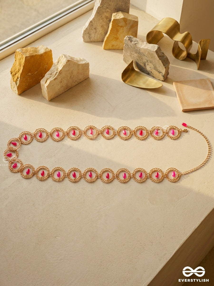 Rose Mahal – Pink Enamel Floral Waist Chain With Pearl Details And Gold Framework