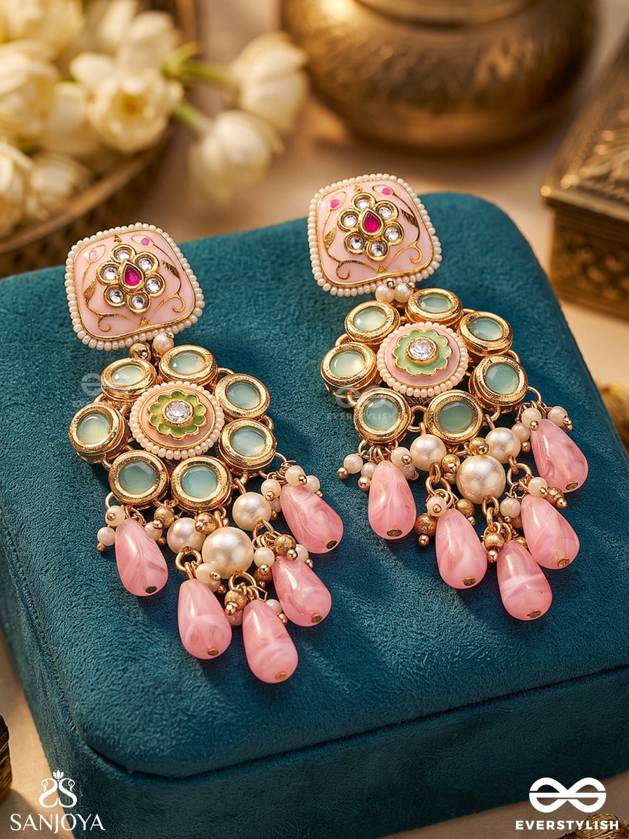 Pankhuri – Flower Petal – Heritage Earrings With Floral Meenakari Motifs, Mint Enamel Settings, Lustrous Pearl Clusters And Blush Pink Teardrop Danglers