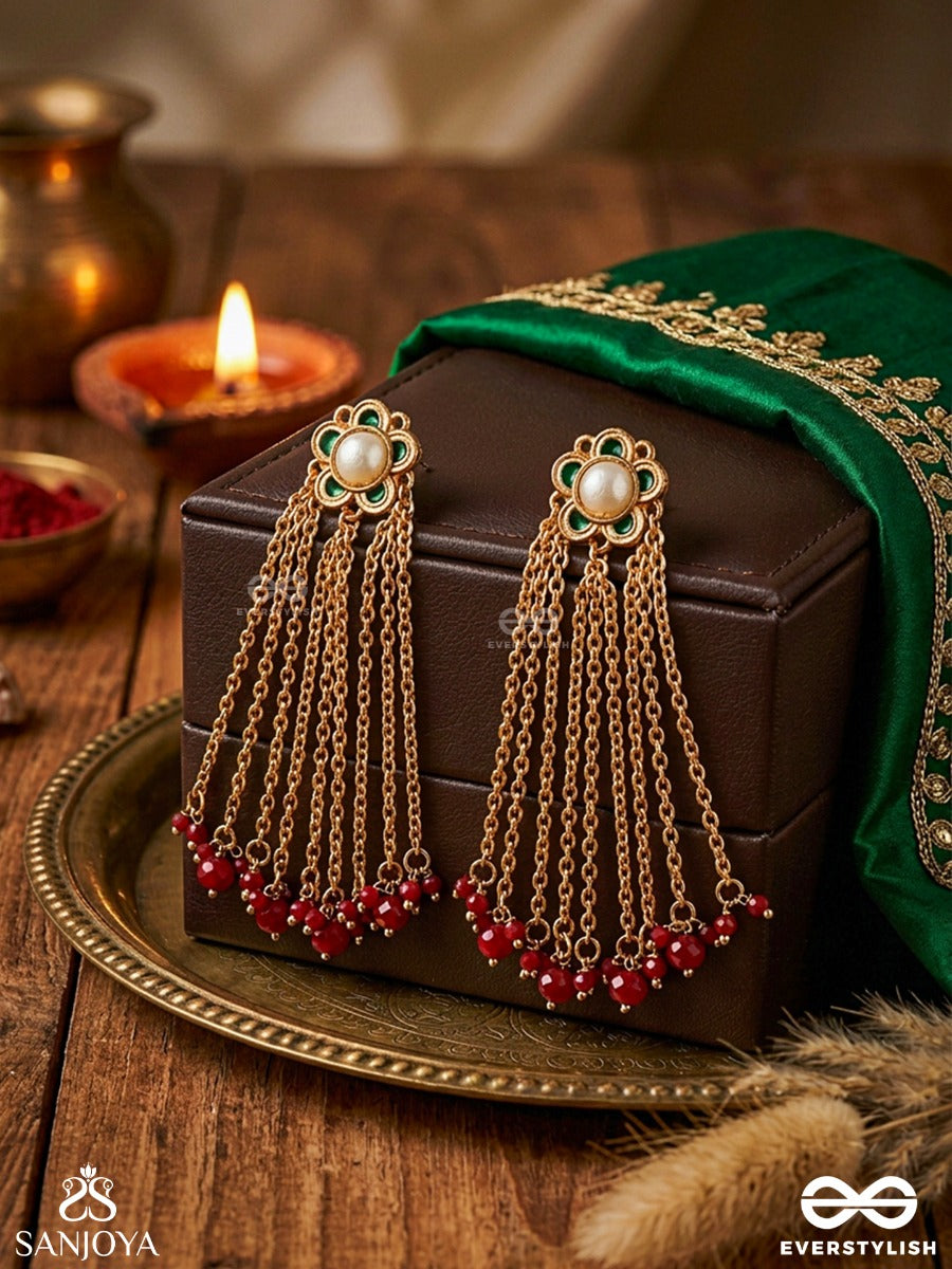 Kinjalka – Flower Filament – Heritage Earrings With Floral Mirror Tops, Cascading Golden Chains And Ruby-Red Bead Clusters