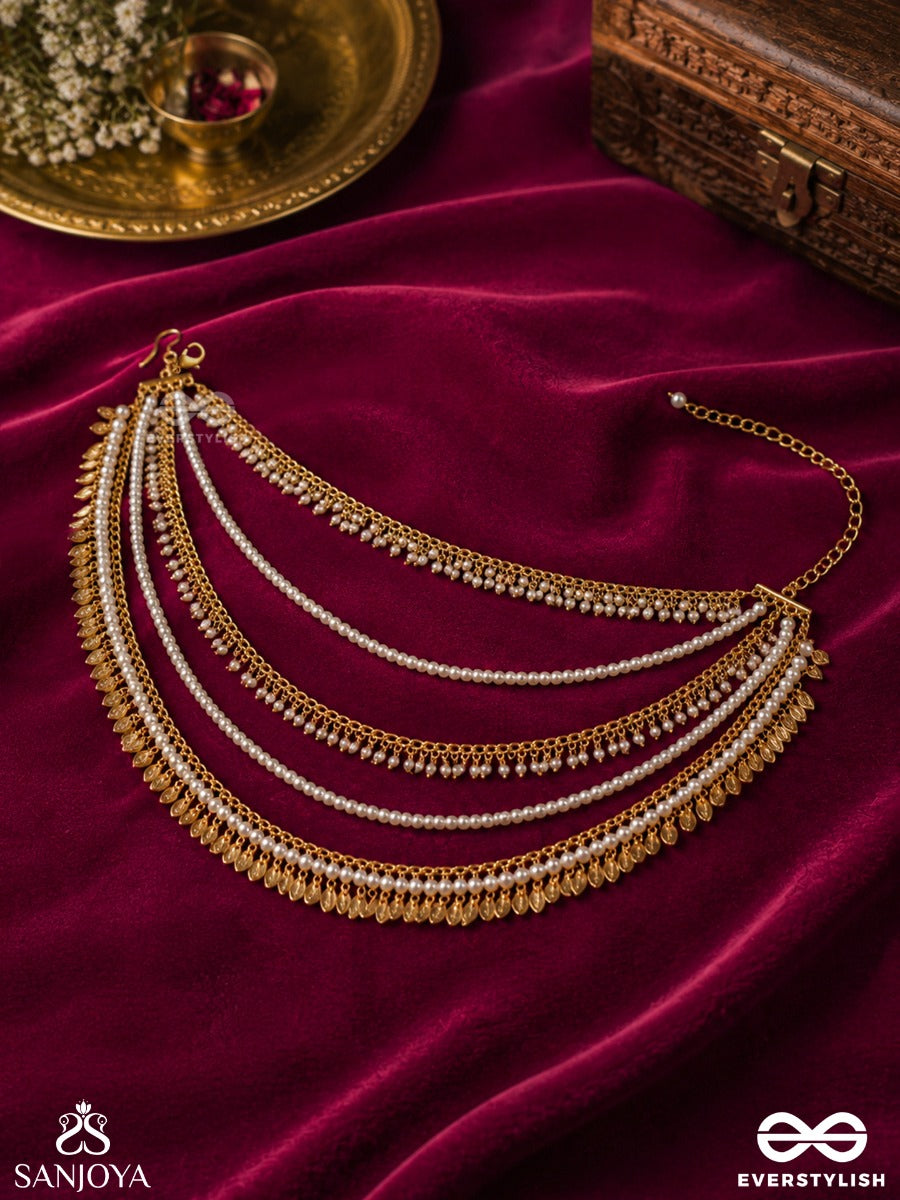 Kashvi – Shining Beauty – Multi-Purpose 3-In-1 Layered Chain With Cascading Pearl Strands, Golden Links And Delicate Drop Accents