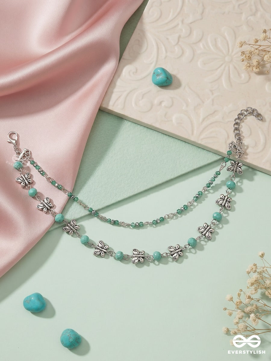 Minted Melody – Layered Delicate Anklet (Single) With Turquoise Beads, Pearl Accents And Silver-Tone Charms