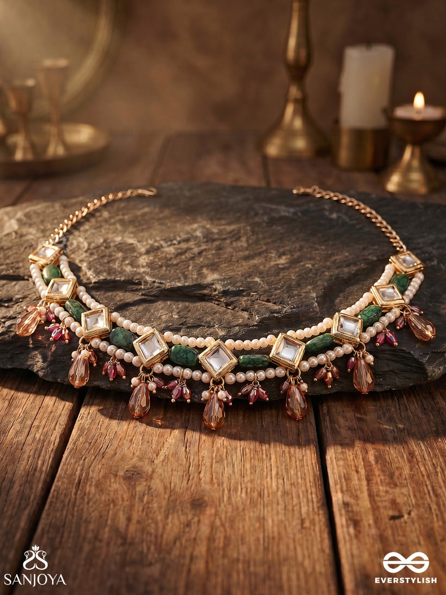 Parnajyoti – Radiant Foliage – Heritage Choker With Emerald Kundan Panels, Pearl Accents And Peach Crystal Drops