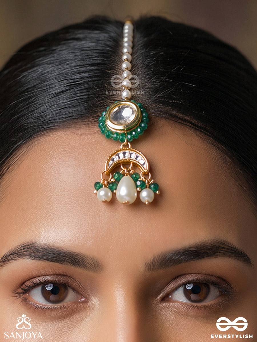 Bhavamrita – Divine Nectar – Heritage Maangtika With Mirror Kundan Centre, Emerald Enamel, Pearl Accents And Crescent Motifs