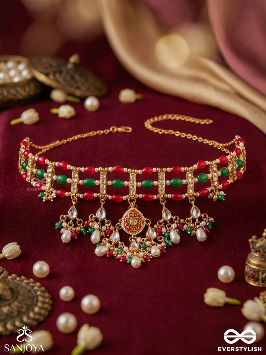 Zarmeena – Golden Bloom – Ornate Necklace With Multi-Colour Kundan Panels, Floral Dangling Motifs And Pearl Accents