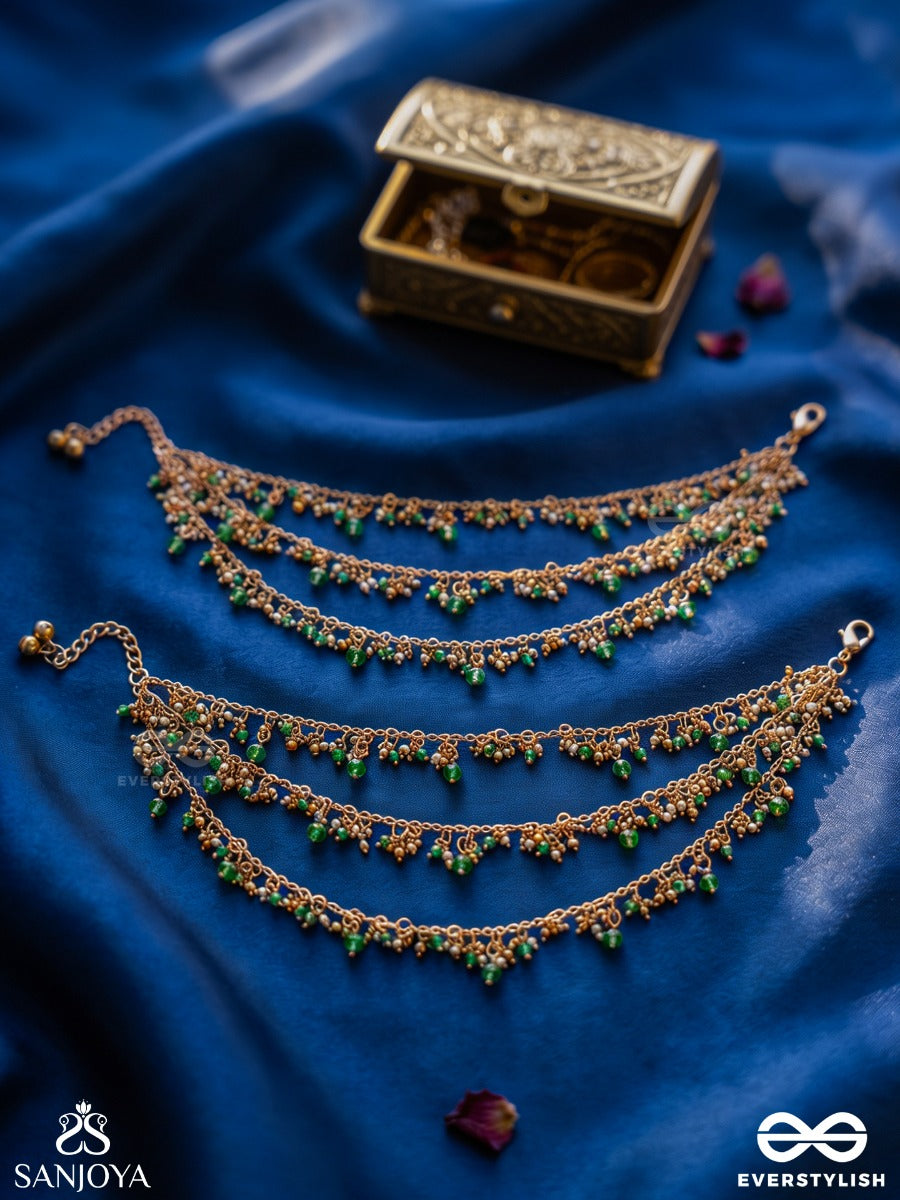 Gunjanpayal – Melodic Anklet – Layered Pair Of Pajeb (Anklet) Set Of 2 With Emerald Bead Drops And Delicate Chain Drapes