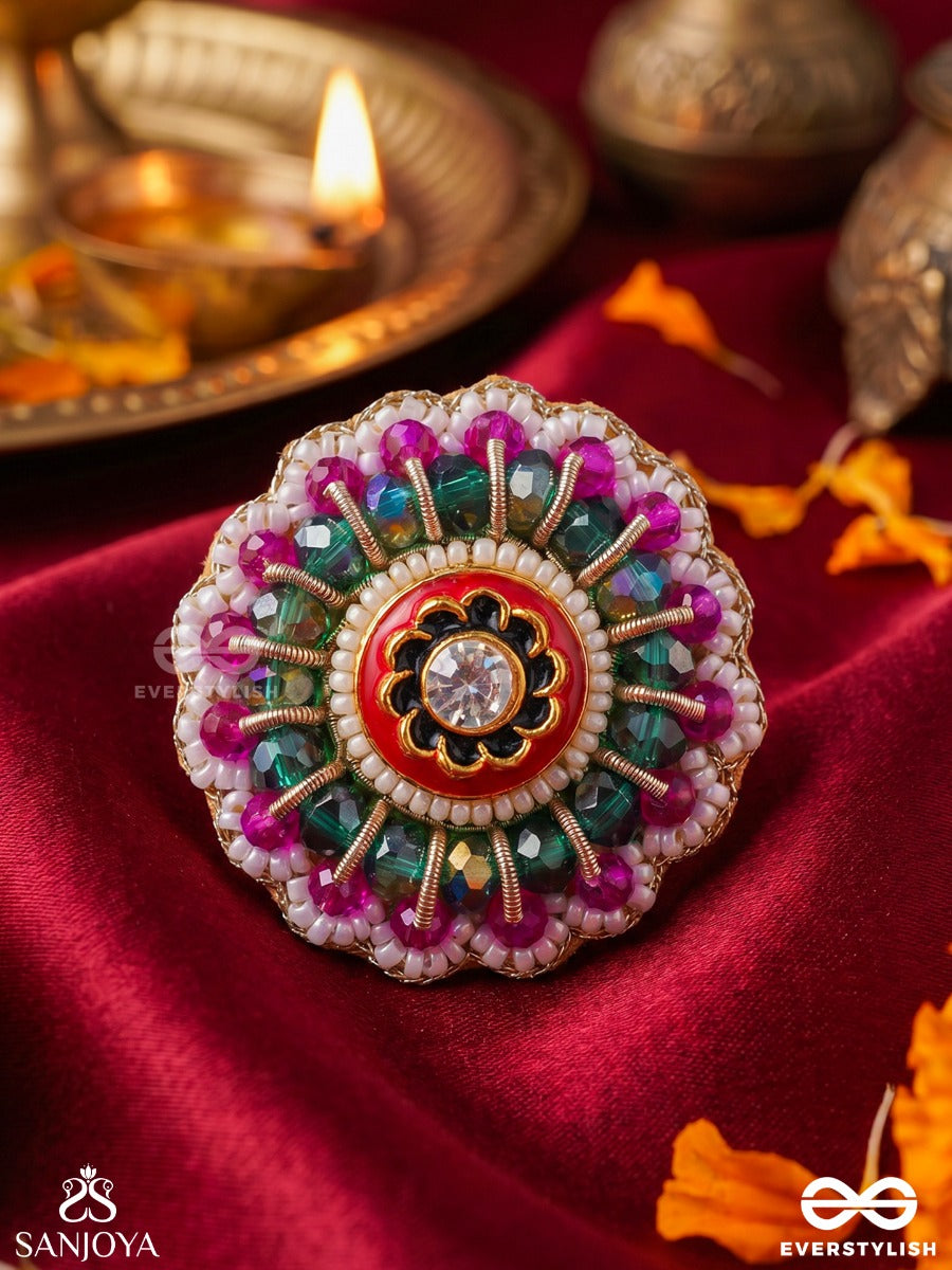 Taarkamal – Celestial Lotus – Floral Statement Ring With Pearl Borders, Multi-Colour Beadwork And Kundan Centre