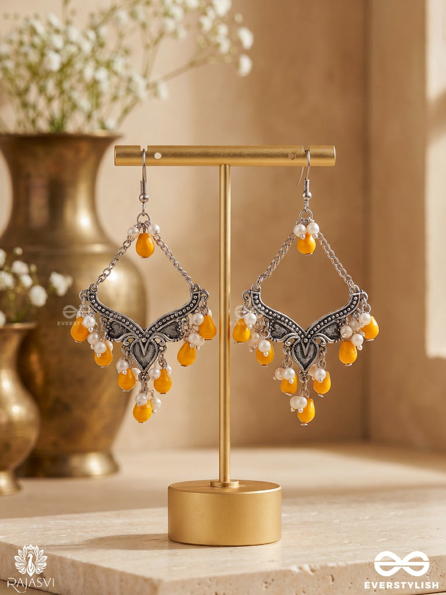 Sonaparni – Oxidised Chandelier Earrings With Mustard Bead Drops And Pearl Accents