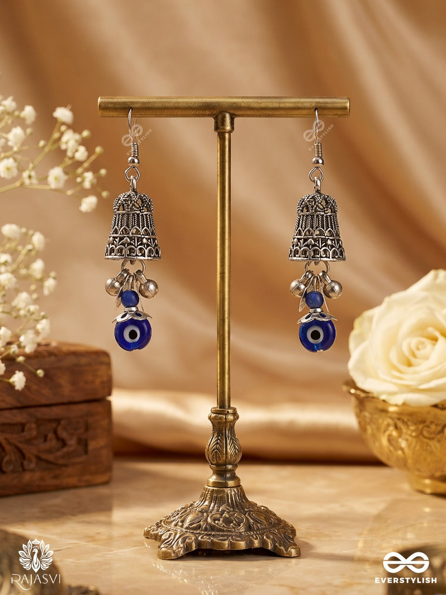 Surakshini – Mini Oxidised Jhumka Earrings With Blue Nazar Beads And Crystal Drops