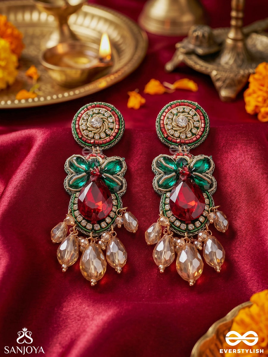 Padminika – Lotus Bloom – Heritage Earrings With Green Meenakari Petal Motifs, Ruby Teardrop Centre, Kundan Accents And Dangling Crystal Charms