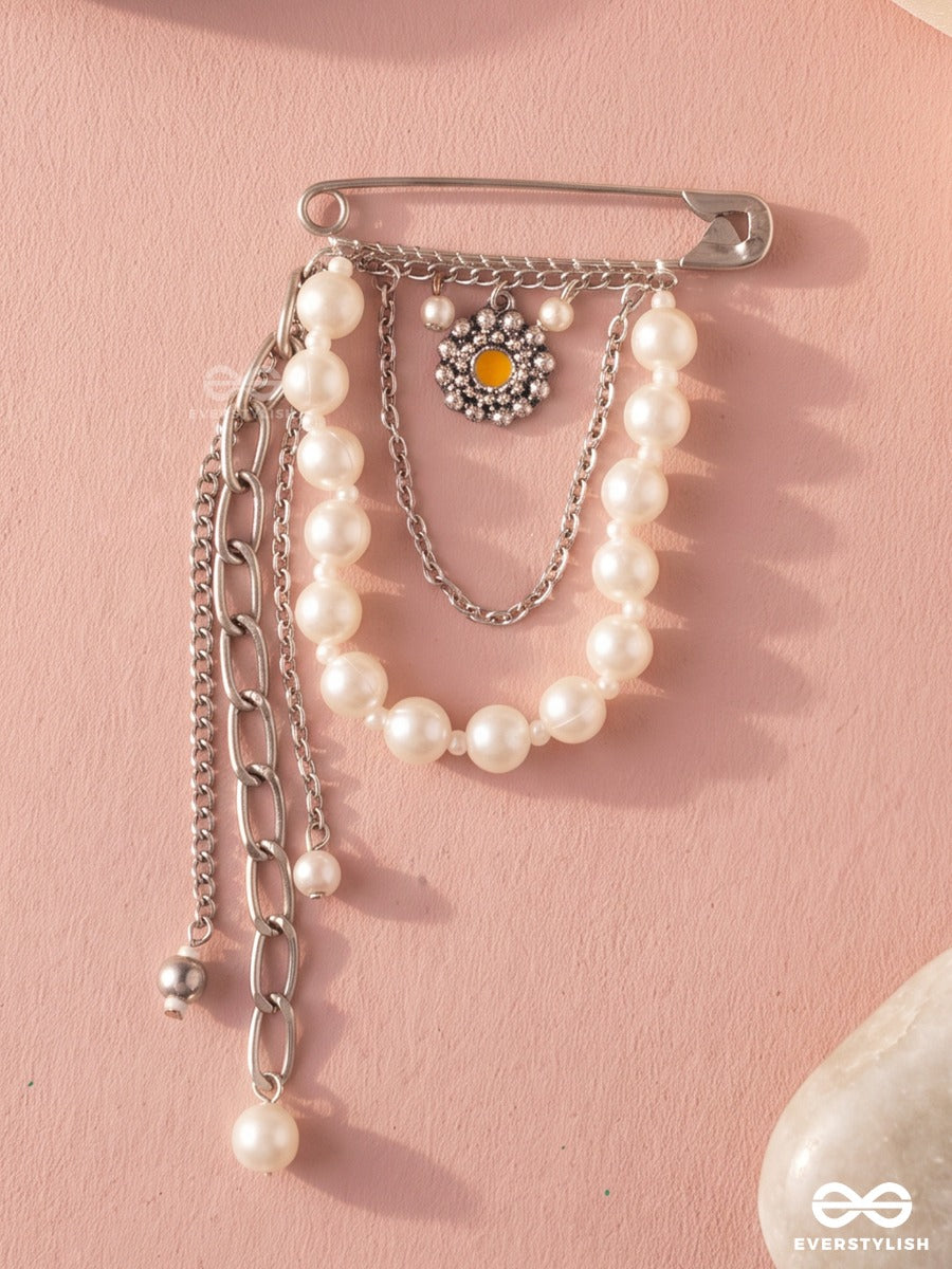 Pearl Embrace – Silver-Tone Brooch Pin With Pearl Strands And Crystal Floral Charm