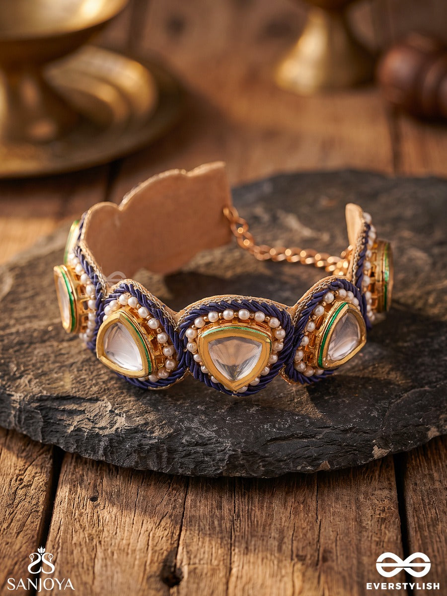 Mayoori – Peahen Grace – Heritage Bangle (Single) With Navy Threadwork, Mirror Kundan Motifs, Pearl Borders And Emerald Accents