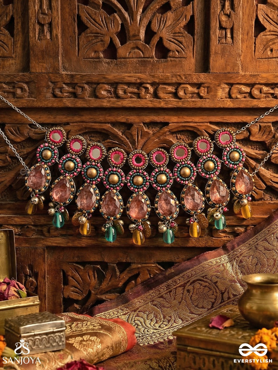 Vashikrit - The Hypnotic Tiers - Mirror, Stones, Coins And Glass Drops Hand Embroidered Oxidised Choker Neckpiece