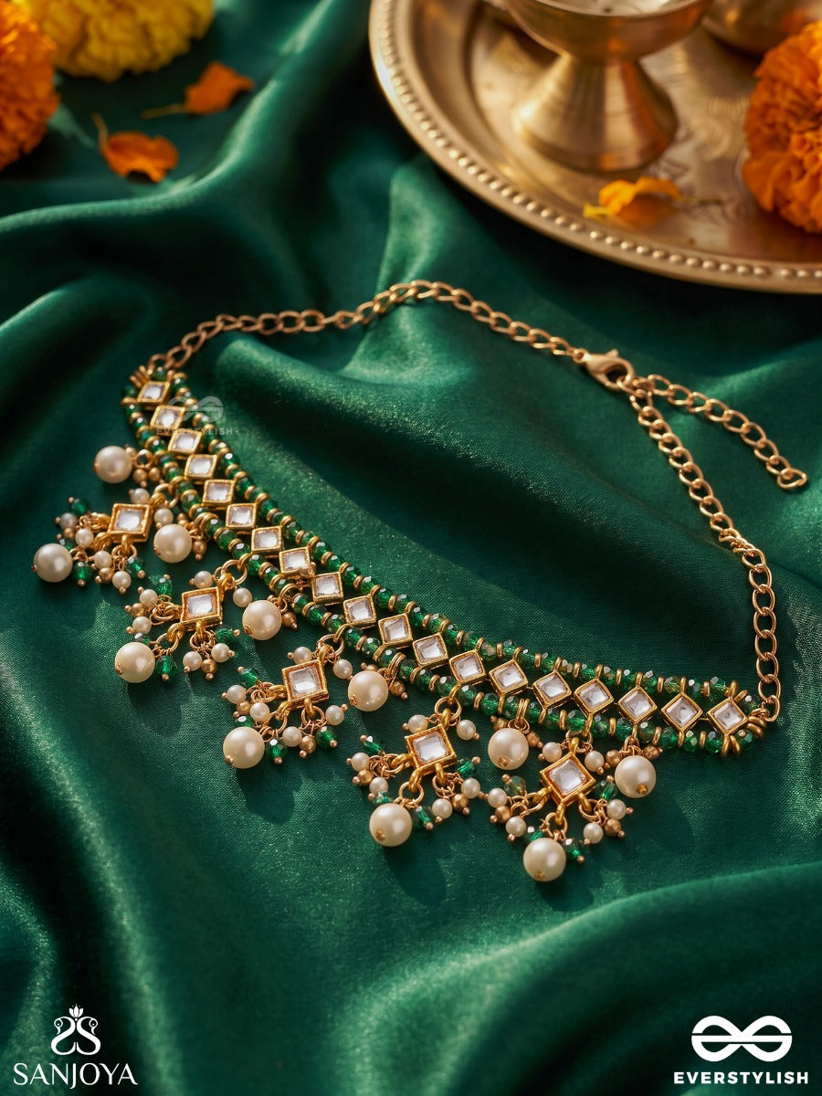Tarini – Saviour – Heritage Choker With Green Beadwork, Pearl Clusters And Ornate Floral Fringes