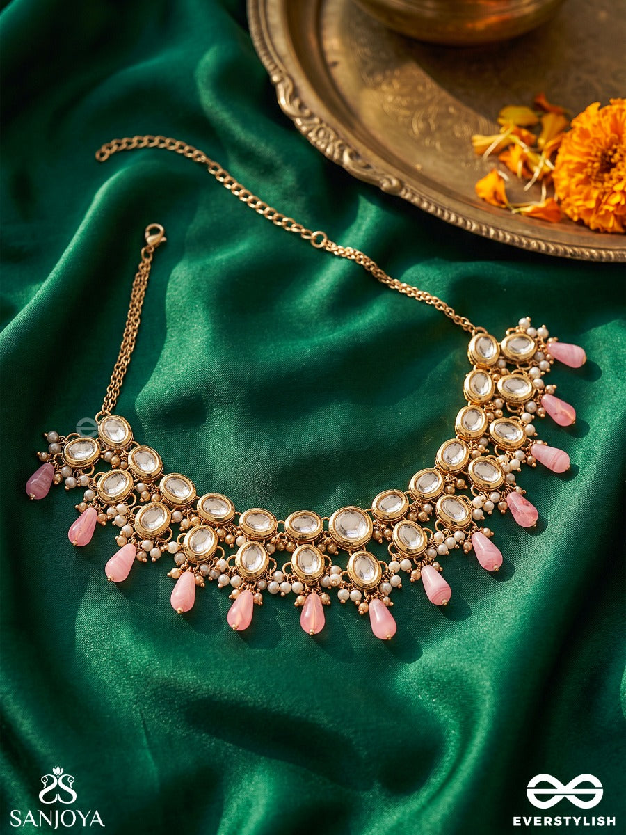 Pinkajyoti – Lotus Radiance – Heritage Necklace With Mirror Kundan Motifs, Pearl Clusters And Blush Pink Teardrop Accents