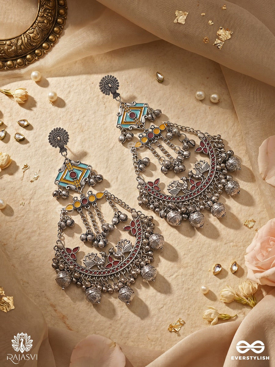 Rajmeenakari – Oxidised Chandbali Earrings With Blue Enamel Motifs, Lotus Filigree And Ghungroo Drops
